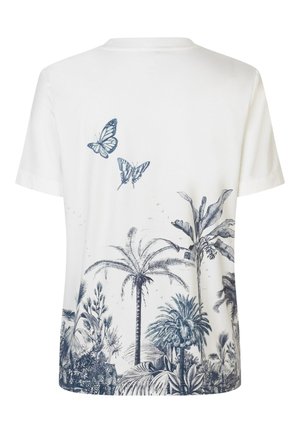Weißes Baumwoll-T-Shirt mit blauen botanischen und Schmetterlingsdruck auf dem Rücken, kurzen Ärmeln und Rundhalsausschnitt.