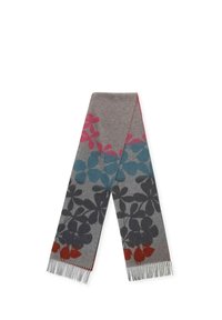 Écharpe en mélange de laine présentant un dégradé de motifs floraux en rose, bleu, gris foncé et rouille, avec des franges aux extrémités.