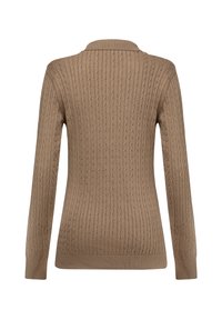 Maglione a coste marrone con colletto, caratterizzato da maniche lunghe e un motivo testurizzato. Tessuto morbido e stretch. Nessun dettaglio hardware visibile.
