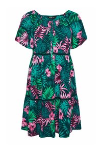 Vestido floral en verde oscuro con patrones de hojas tropicales en rosa y verde. Manga corta, escote fruncido y diseño de falda con volantes.