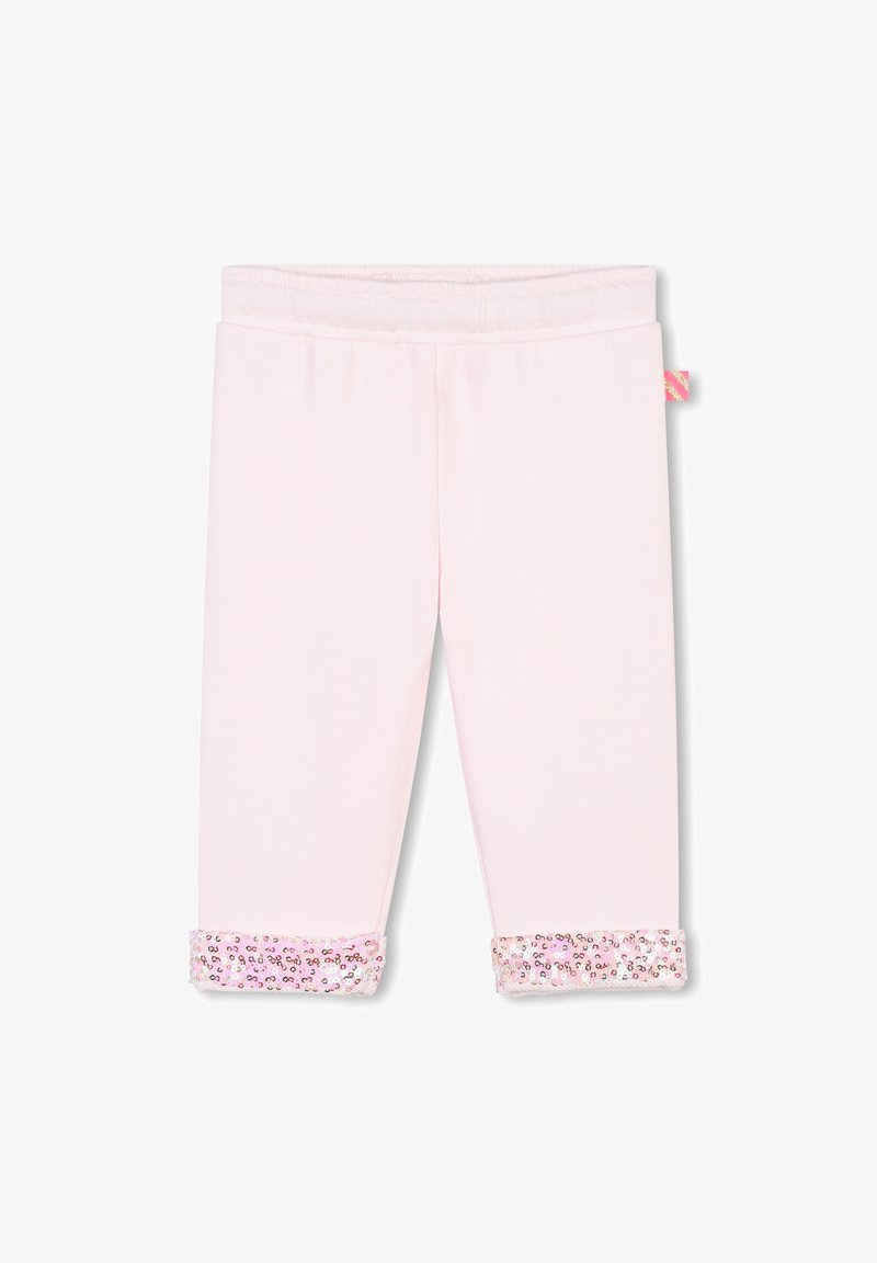 Pantaloni della tuta rosa chiaro con vita elastica e polsini decorati con ricami di paillettes in un motivo floreale. Tessuto morbido e liscio in tutto il capo.