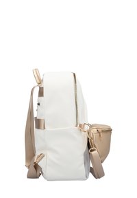 White textured backpack with a gold zip closure, side pocket, and beige accents. Adjustable straps and side mesh panel detail.