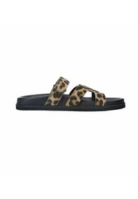 Lepelprint slide sandalen met dubbele verstelbare banden, vlakke zwarte zool en textuur bovenkant. Duurzame materialen met een minimalistisch ontwerp.