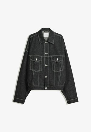 Donkerdenim jasje met een cropped snit, contrasterende witte stiksels, twee borstzakken en zilveren drukknoopjes aan de voorkant.