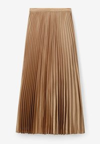 Jupe midi plissée en tissu bronze métallique, avec une large taille et un design fluide. La texture est lisse avec un éclat léger.
