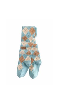 Helleblaue Socken mit einem Rautenmuster in Türkis, Creme und Braun, mit einer glatten Textur und gerippten Bündchen.