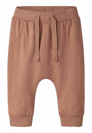 Soft brown toddler sweatpants with elastic waistband, drawstring, front pockets, and ribbed cuffs.