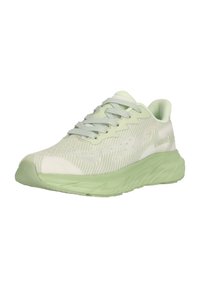 Scarpe da atletica leggere in bianco e verde menta. Presentano una tomaia in rete testurizzata, un colletto imbottito e una suola verde ammortizzata per il massimo comfort.