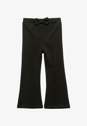 Pantaloni neri a zampa d'elefante realizzati in tessuto elasticizzato, con un dettaglio a fiocco in vita e cuciture verticali nella parte anteriore.