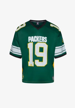 Grünes Kurzarm-Trikot mit weißem "PACKERS"-Schriftzug und der Nummer "19", versehen mit gelben und schwarzen Akzenten sowie Ärmeln aus Mesh.