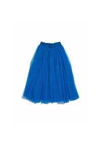 Blauwe tule rok met een elastische tailleband, voorzien van een gelaagd ontwerp en een zachte, doorzichtige textuur. Valt tot halverwege het kalf.