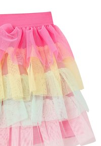 Gonna di tulle rosa con tessuto a strati e volant in colori pastello: giallo, verde chiaro e rosa. Vita elastica per il massimo comfort.