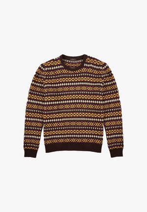 Sweter z dzianiny z geometrycznym wzorem w odcieniach brązu, żółci i kremu. Okrągły dekolt oraz prążkowane mankiety i dół. Ciepły, fakturowany materiał.