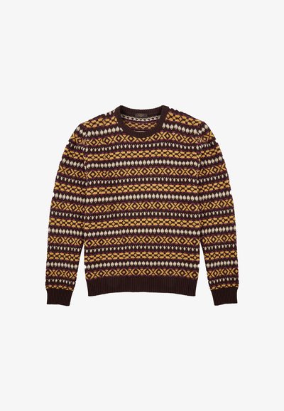 Strickpullover mit geometrischem Muster in Braun, Gelb und Creme. Rundhalsausschnitt sowie gerippte Bündchen und Saum. Warmes, strukturiertes Gewebe.