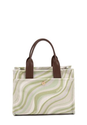 Petit sac à main en tissu avec motif ondulé vert et blanc, poignées en cuir marron, et fermeture à bouton-pression doré à l'avant.