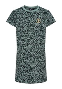 Kwiatowa sukienka z krótkim rękawem w miętowym kolorze, z czarnym wzorem kwiatowym i małym złotym logo na piersi. Materiał bawełniany, casualowy design.