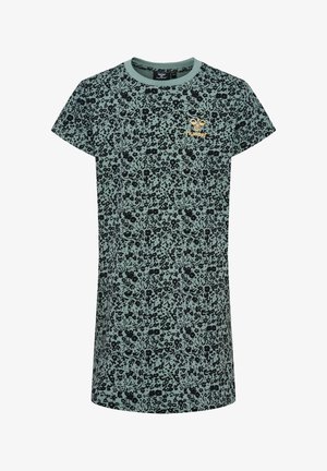 Bloemenpatroon jurk met korte mouwen in mintgroen, met een zwart bloemenpatroon en een klein gouden logo op de borst. Gemaakt van katoen, casual ontwerp.