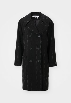 Black double-breasted coat with a notched collar, featuring white vertical pinstripes, and two front pockets. Smooth wool blend texture.