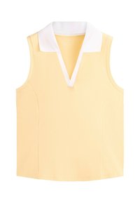 Top jaune sans manches avec un profond col en V et un large col blanc, détails de coutures ajustées sur les côtés, ourlet plat.