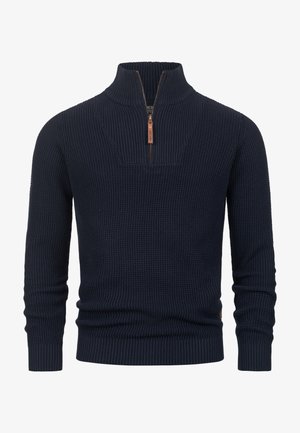 Dunkelblau gestrickter Pullover mit einem halben Reißverschluss-Kragen, der ein strukturiertes Muster sowie gerippte Bündchen und Saum aufweist. Mit Details in Kupferfarbe am Reißverschluss.