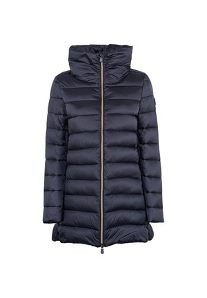 Giacca puffer blu navy con cappuccio, dotata di zip frontale, texture trapuntata e polsini elasticizzati per calore e comfort.