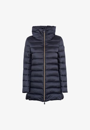 Giacca puffer blu navy con cappuccio, dotata di zip frontale, texture trapuntata e polsini elasticizzati per calore e comfort.