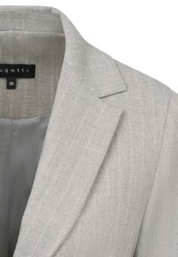 Light gray blazer with a subtle texture and pinstripe pattern, featuring a notched collar and horizontal stitching. Brand label visible.