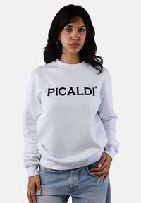White sweatshirt featuring a black embroidered "PICALDI" logo on the front. It has long sleeves and a crew neckline, crafted from soft fabric.