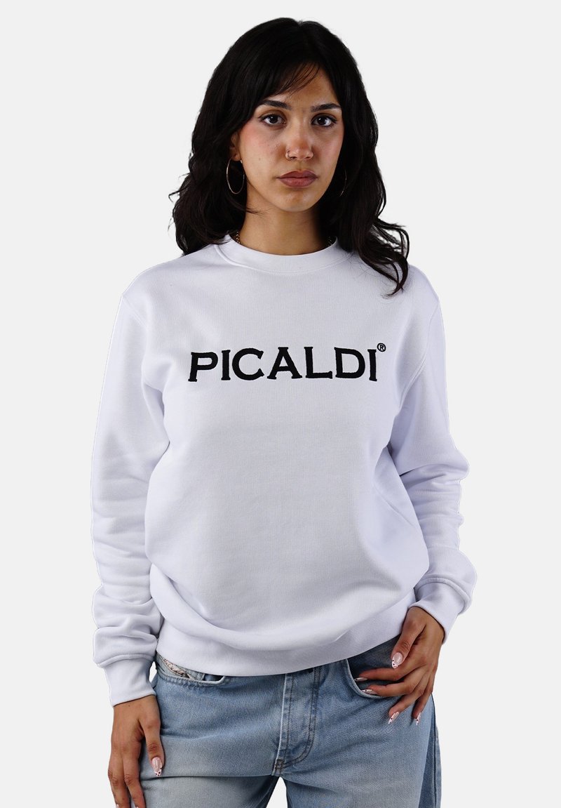 White sweatshirt featuring a black embroidered "PICALDI" logo on the front. It has long sleeves and a crew neckline, crafted from soft fabric.