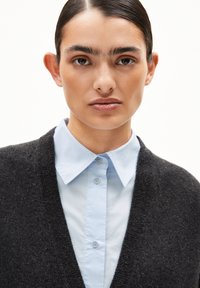 Jong persoon met donker, slicked-back haar, dikke wenkbrauwen, gekleed in een lichtblauw button-up shirt en een donkergrijze cardigan, recht naar voren kijkend met een neutrale uitdrukking.