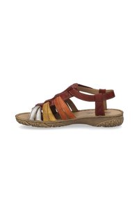 Leather sandals with multicolored straps in red, orange, yellow, and silver, featuring a comfortable sole and a textured outsole.