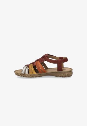 Leather sandals with multicolored straps in red, orange, yellow, and silver, featuring a comfortable sole and a textured outsole.