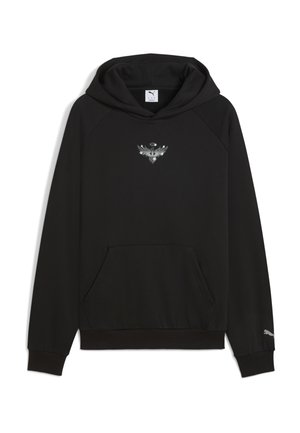 Sort hætte sweatshirt lavet af blødt stof, med en lomme foran og et sølv-emblem design på brystet. Elastiske manchetter og kant.