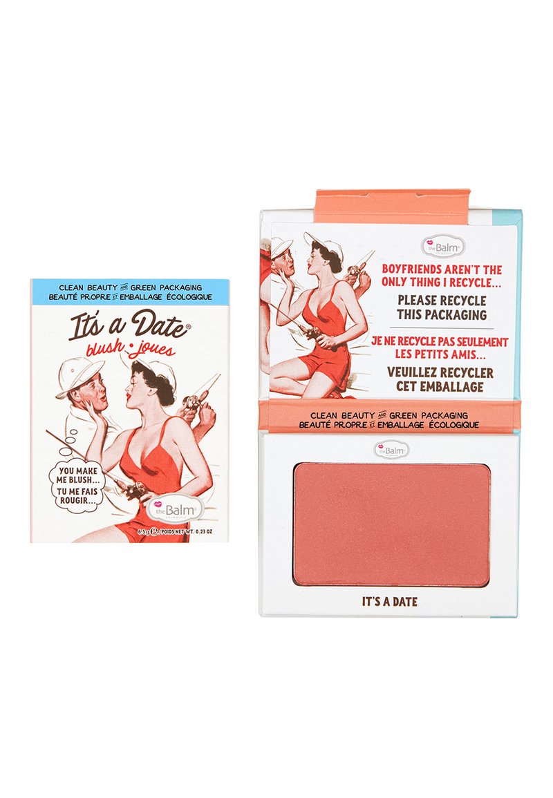 Blush compact in white plastic with a peach-pink powder. Includes a colorful, illustrated cardboard sleeve with retro design elements.