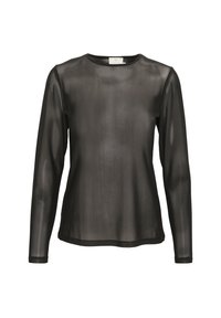 Haut noir transparent à manches longues avec un col rond. Fabriqué en tissu léger, il présente une texture lisse et un design simple et droit.