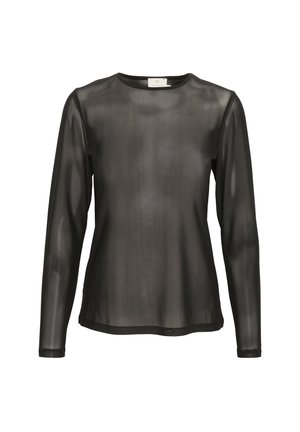 Haut noir transparent à manches longues avec un col rond. Fabriqué en tissu léger, il présente une texture lisse et un design simple et droit.