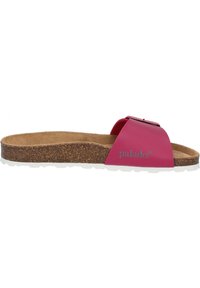 Infradito rosa con una fascia ampia, soletta in sughero e suola in gomma bianca. Presenta un logo in rilievo sulla fascia e una texture liscia.