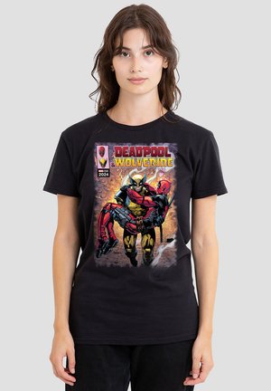 Black cotton T-shirt featuring a graphic of Deadpool and Wolverine, with vibrant colors and comic-style artwork.