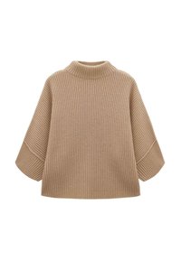 Beige gerippter Strickpullover mit hohem Kragen, weiten Ärmeln und weicher Textur. Verfügt über eine lockere, kastenförmige Passform für mehr Komfort.