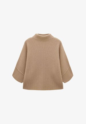 Beige gerippter Strickpullover mit hohem Kragen, weiten Ärmeln und weicher Textur. Verfügt über eine lockere, kastenförmige Passform für mehr Komfort.