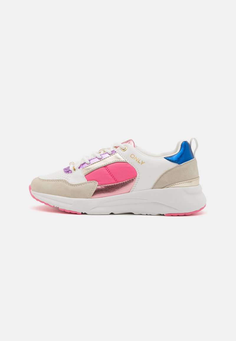 Sneakers with a white mesh upper, beige suede accents, pink and metallic details, blue heel tab, and pink outsole. Gold branding visible.
