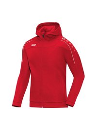 Rød zip-up hoodie med høj hals, der har et JAKO-logo, hvide accenter langs skuldrene og prikkede designelementer. Glat tekstur.