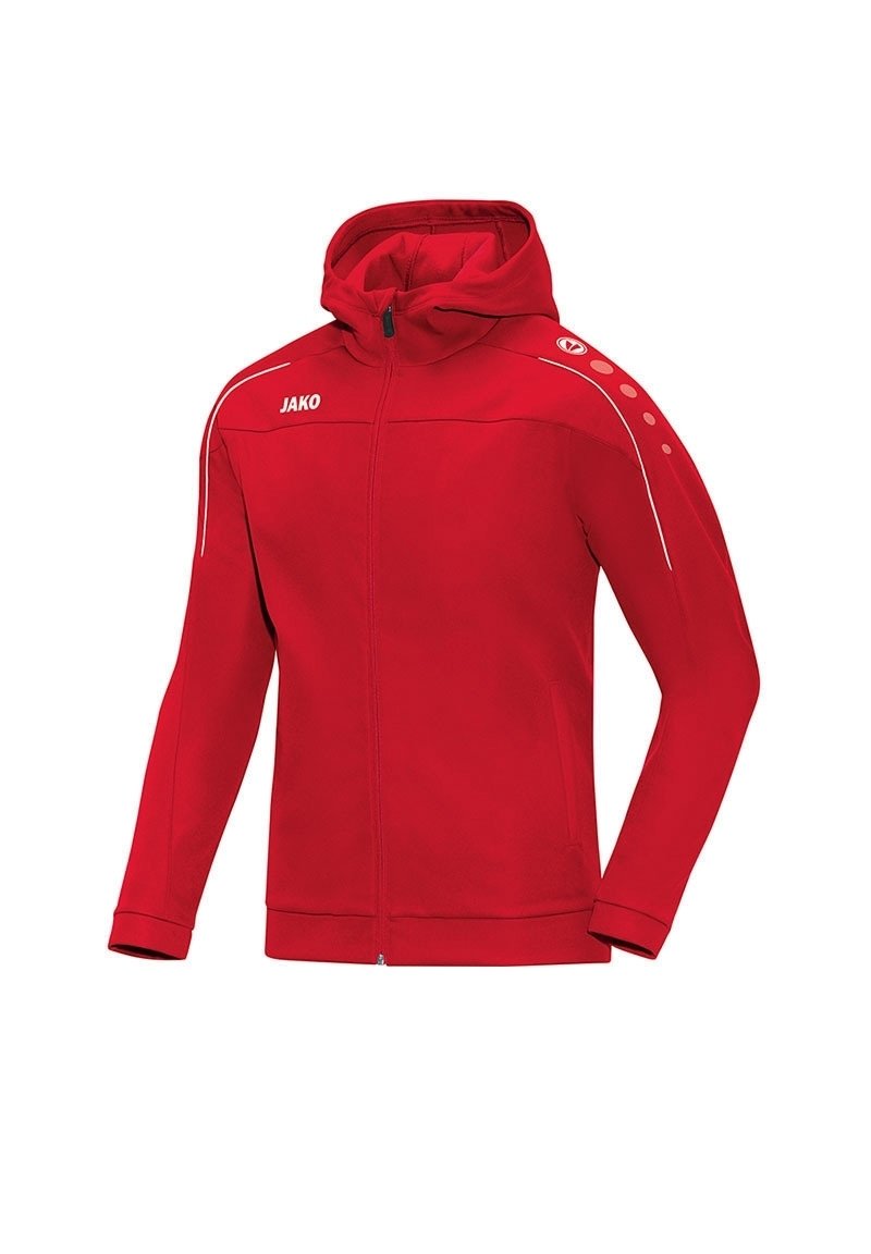 Rød zip-up hoodie med høj hals, der har et JAKO-logo, hvide accenter langs skuldrene og prikkede designelementer. Glat tekstur.