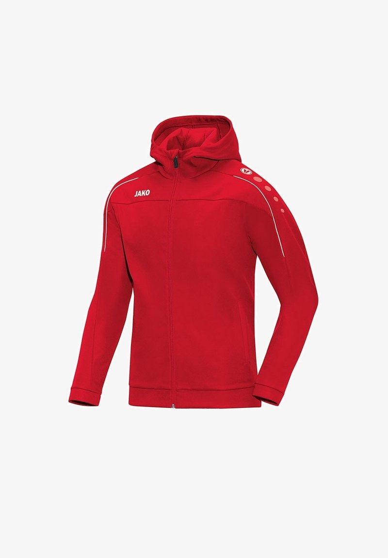 Roter Reißverschluss-Hoodie mit hohem Kragen, featuring ein JAKO-Logo, weißen Akzenten entlang der Schultern und gepunkteten Designelementen. Weiche Textur.