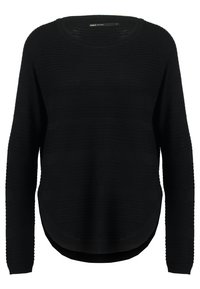 Maglione nero con scollo rotondo, maniche lunghe e un motivo a trama. Il design presenta un orlo leggermente curvo.