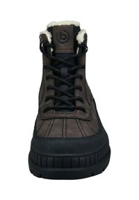 Brun lædervandrestøvle med imiteret pelsfor, sort gummisål, syninger og robuste sorte snørebånd, designet til holdbarhed og komfort.