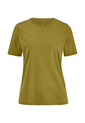 Schlichtes kurzärmeliges T-Shirt aus Baumwolle in Olivgrün mit rundem Ausschnitt und geradem Saum, dargestellt vor weißem Hintergrund.