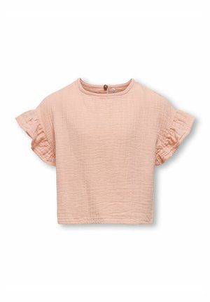 Haut rose clair à manches courtes en tissu texturé avec des manches volantées et un col rond. Il présente une fermeture à bouton à l'arrière.
