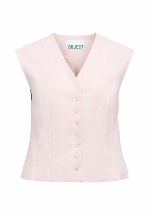 Gilet rose pâle sans manches avec col en V et petites boutonnières rondes sur le devant, coupe ajustée, étiquette ".OBJECT" à l'intérieur du col.