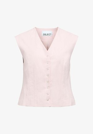 Gilet rose pâle sans manches avec col en V et petites boutonnières rondes sur le devant, coupe ajustée, étiquette ".OBJECT" à l'intérieur du col.